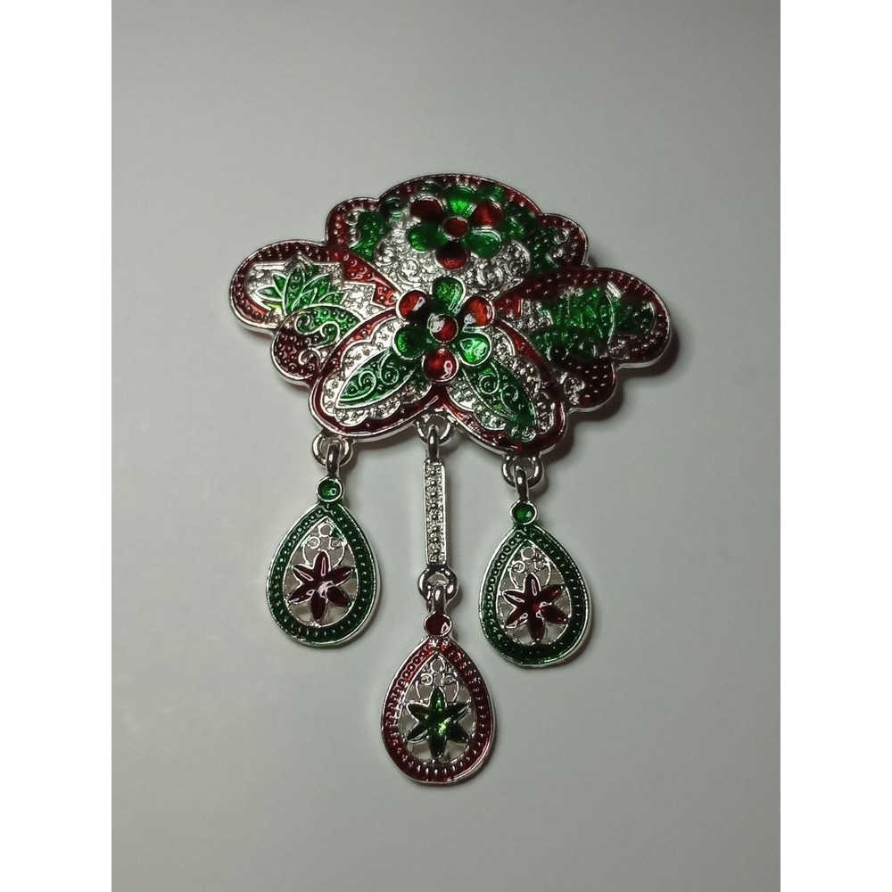 Red Green Enamel Floral Dangle Brooch Silver Tone Asian Style Rhinestone 2.75"